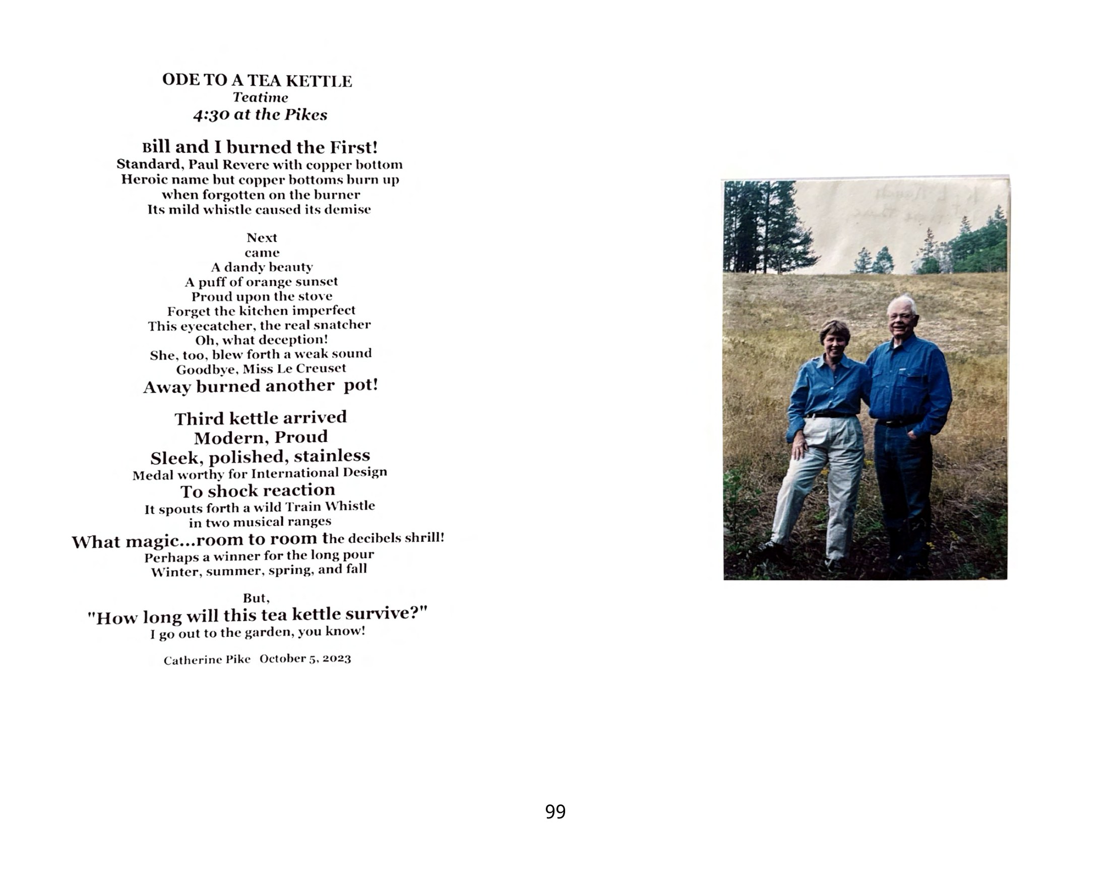 Spread: the poem Ode to a Tea Kettle facing a photograph of Cathie and Bill