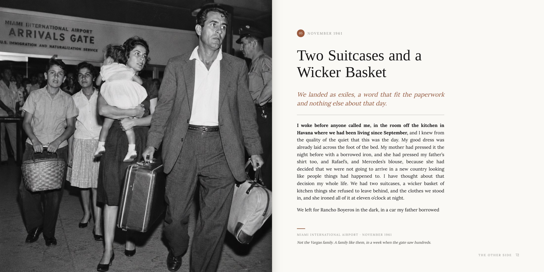 Spread: an archival photograph of a family arriving at the Miami airport, facing the chapter Two Suitcases and a Wicker Basket